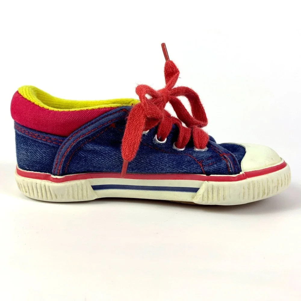 VTG Circo Denim Shoes‎ Toddler 7.5 Embroidered Trains Primary Colors Blue Red